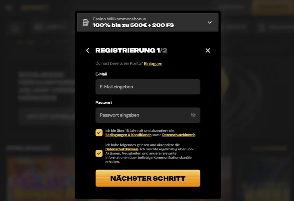 Registriering auf Spinsy Casino