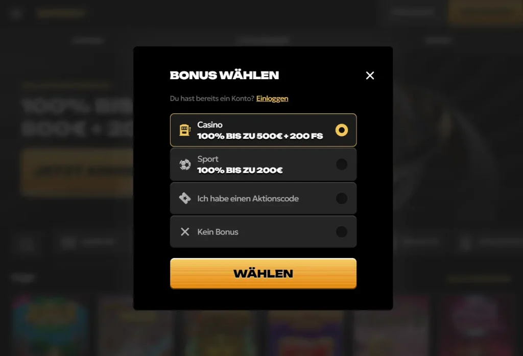 Bonus wählen für Spinsy Casino Login